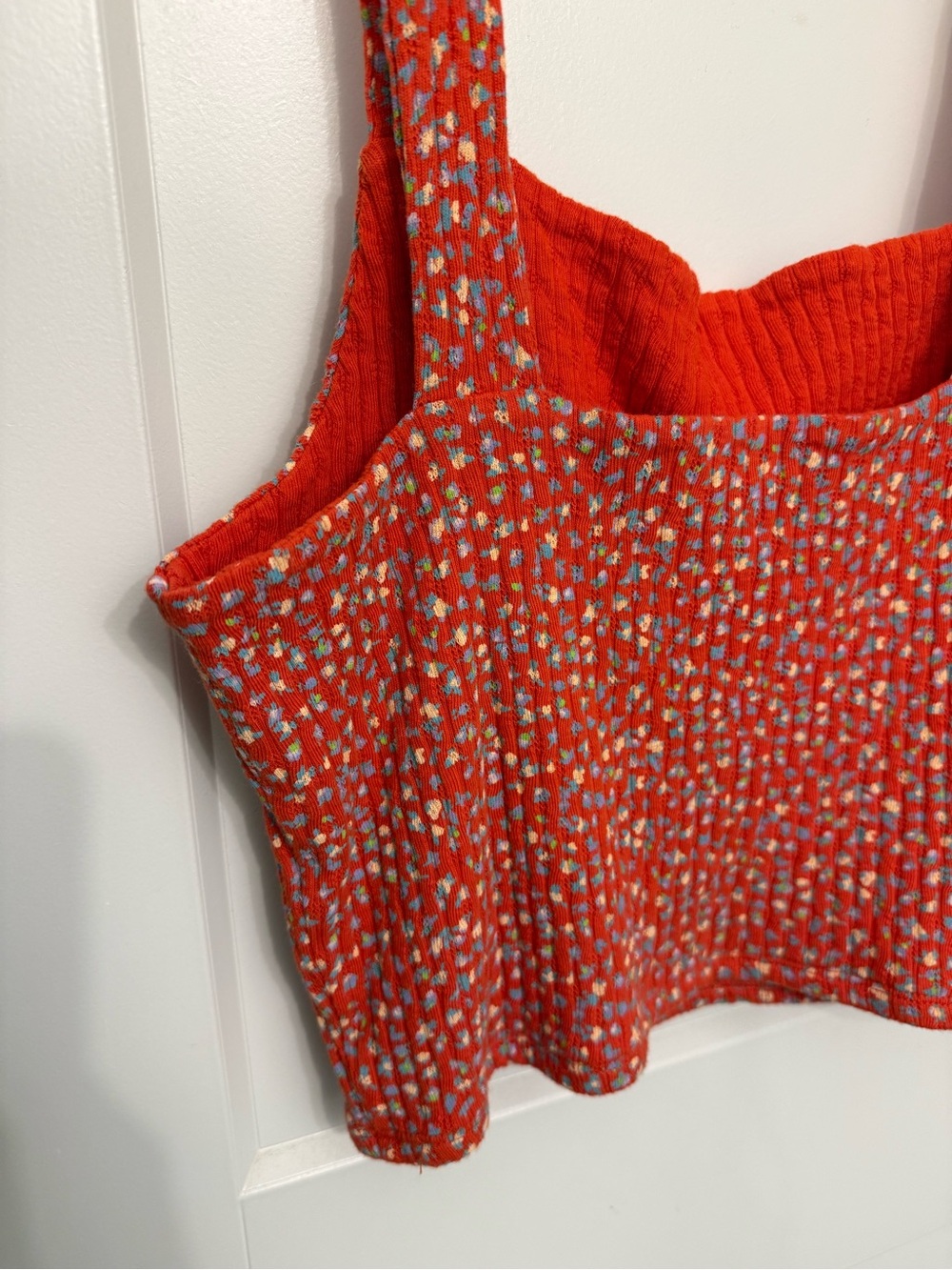 American Eagle Red Orange Ditsy Floral Square-Neck Cropped Tank Top
